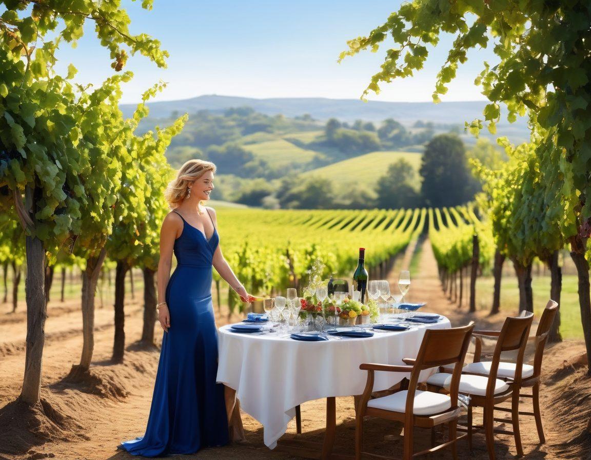 A picturesque vineyard landscape under a bright blue sky, showcasing rows of lush grapevines. In the foreground, a stylish table set for a wine tasting, adorned with elegant glasses and vibrant bottles. A celebrity figure, dressed in chic attire, laughing and engaging with guests, conveying joy and sophistication. Soft golden sunlight casts a warm glow, enhancing the vivacity of the scene. watercolor painting. vibrant colors. lush details.