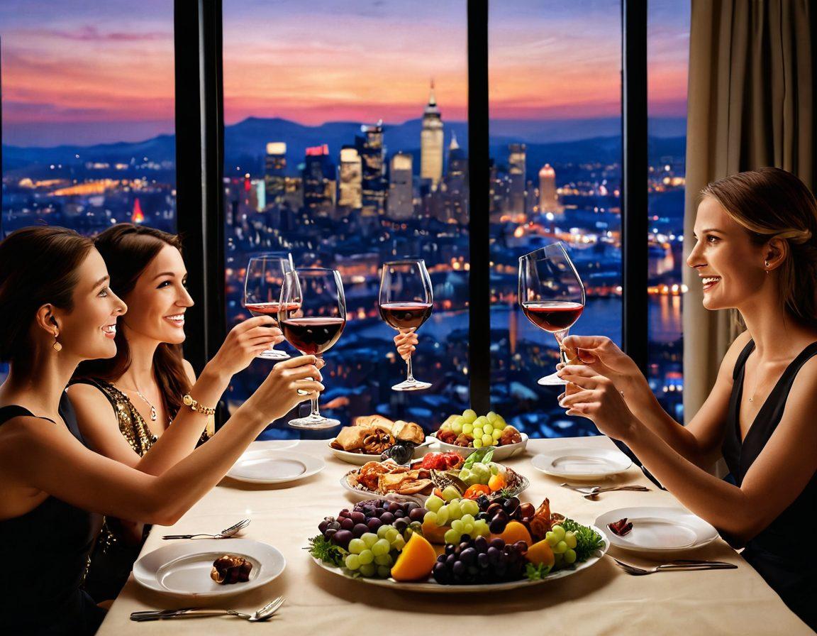 A sophisticated wine tasting scene featuring elegant glasses filled with a variety of wines, surrounded by a sumptuous spread of gourmet appetizers. Soft ambient lighting creates a cozy atmosphere, while a glamorous backdrop of a bustling city skyline can be seen through a large window. Include a group of stylishly dressed friends toasting joyfully, capturing the essence of celebration and joyful moments. super-realistic. vibrant colors. evening ambiance.