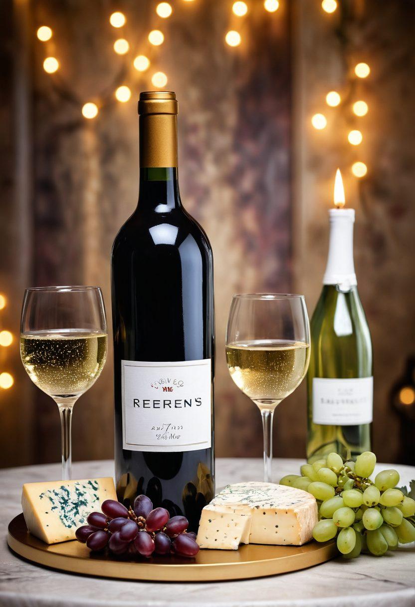 A glamorous table setting featuring an elegant wine bottle and glass, surrounded by celebrity gossip magazines and gourmet cheese. The backdrop showcases soft, sparkling lights reminiscent of a high-end event. Include a chic decorative element such as a golden wine opener or luxurious floral arrangement. The image radiates sophistication and indulgence, capturing the essence of wine pairing and celebrity culture. super-realistic. vibrant colors. soft bokeh effect.